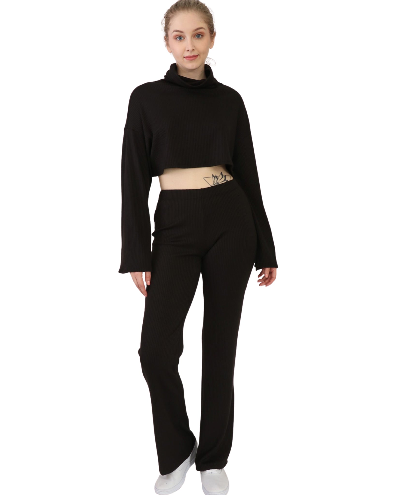 Rib Cowl Neck Crop Long Sleeve and Flare Pants
