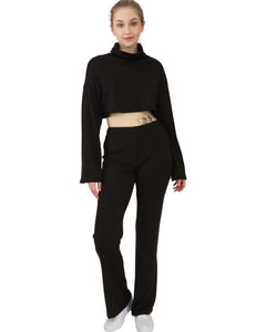 Rib Cowl Neck Crop Long Sleeve and Flare Pants