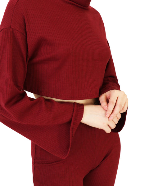Rib Cowl Neck Crop Long Sleeve and Flare Pants