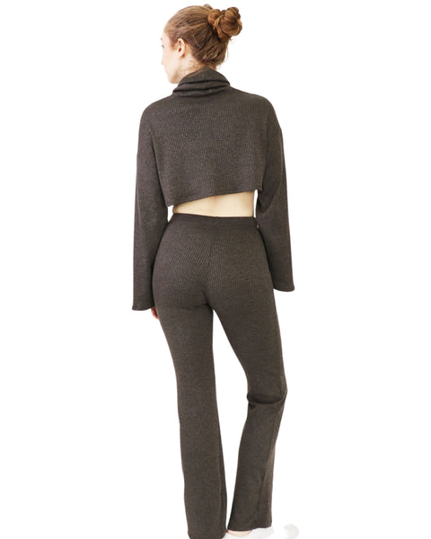 Rib Cowl Neck Crop Long Sleeve and Flare Pants