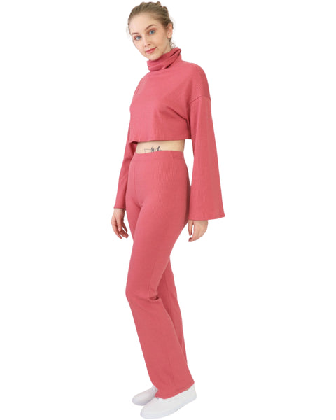 Rib Cowl Neck Crop Long Sleeve and Flare Pants