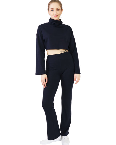 Rib Cowl Neck Crop Long Sleeve and Flare Pants
