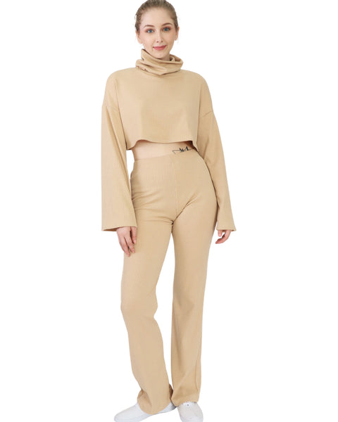 Rib Cowl Neck Crop Long Sleeve and Flare Pants