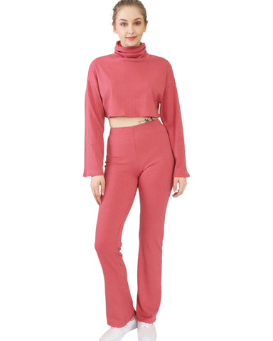 Rib Cowl Neck Crop Long Sleeve and Flare Pants